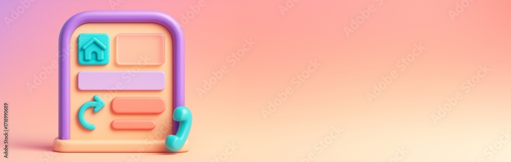 Fototapeta premium Colorful 3D-style UI design mockup of a mobile menu interface with social media and call icons on pastel background with empty copyspace. Ai generative