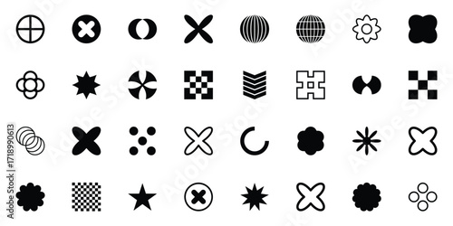 Abstract brutalist shapes. Geometric contemporary y2k figures, bauhaus graphic elements, star, circle and flower shapes flat set. Modern design shapes collection vector illustration. EPS 10