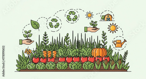 Organic gardening and sustainable agriculture illustration for eco friendly lifestyle and farming practices
