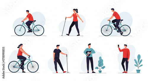 Active lifestyle vector illustration featuring cycling walking and leisure activities for healthy living concept