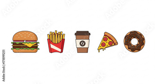 Fast food icons burger fries coffee pizza and donut vector illustration design for restaurant menu concept