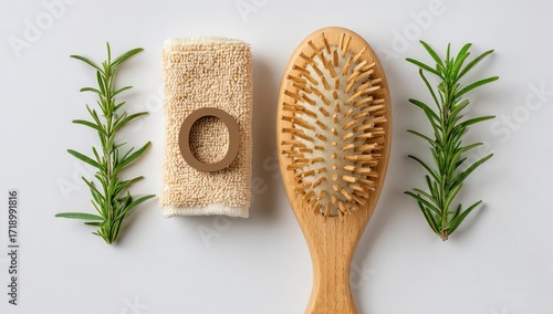 Natural hair care items, rosemary sprigs, beige cloth