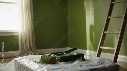 Green painting home renovation setup with roller, ladder, tray, and paint. DIY home improvement