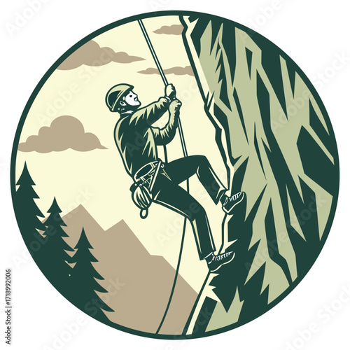 Rock Climber: A determined figure ascends a rugged cliff face, anchored by a safety rope, showcasing the thrill of conquering a mountain's challenges in an illustration.