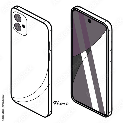 Smartphone: Captivating isometric illustration of a modern smartphone, presented in a sleek, minimalistic design, highlighting its elegant form and advanced technological prowess.