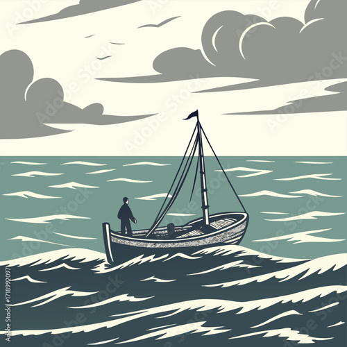 Serene Sea Voyage: A solitary sailor navigates the vast ocean aboard a small sailboat, under the watchful gaze of the sky. Capturing the essence of adventure and tranquility.