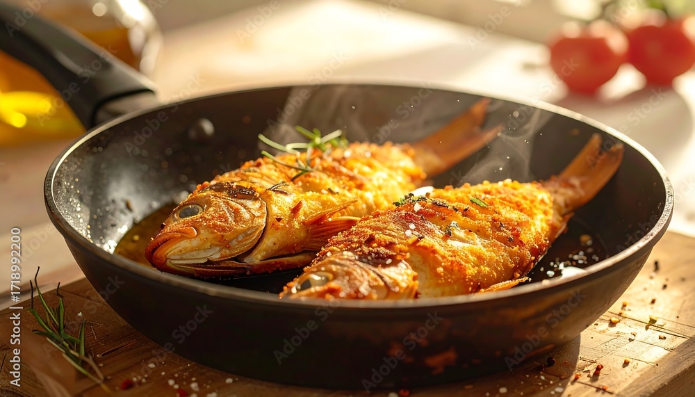 Fototapeta premium Crispy fried fish in a pan (1)