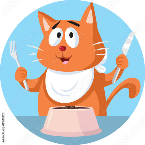 Cat with Fork and Knife Eats Greedily Vector Mascot. Gourmand kitty eating from her bowl feeling excited 