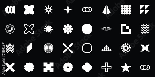 Set of 32 abstract geometric shapes, symbols, logomarks and other simple graphic design elements for minimalist, brutalist design. Swiss style, Y2K, postmodern. Vector illustration. EPS 10