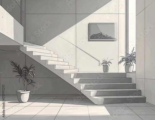 Modern grayscale interior with stairs and plants