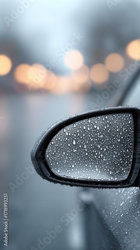 Rain-soaked car mirror reflecting soft street lights in a moody, blurred background.