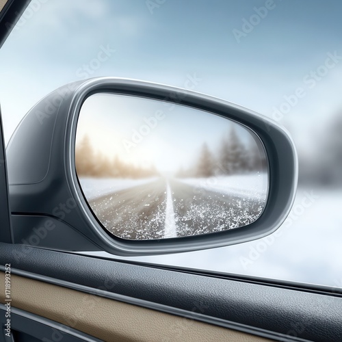 A snowy road reflected in a car's side mirror, creating a serene winter atmosphere.