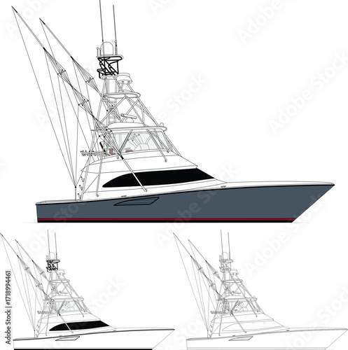 Sport fishing boat vector, line art, illustration, and one color.