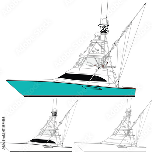 Sport fishing boat vector, line art, illustration, and one color.