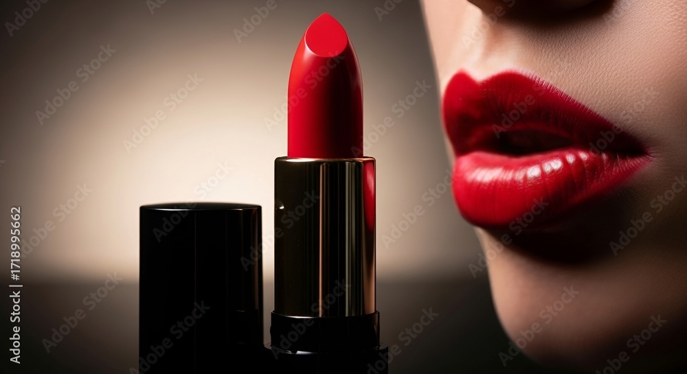 Obraz premium Bold red lipstick with matching pout, perfect for a glam look or beauty campaign showcasing vibrant color and feminine allure in modern cosmetics