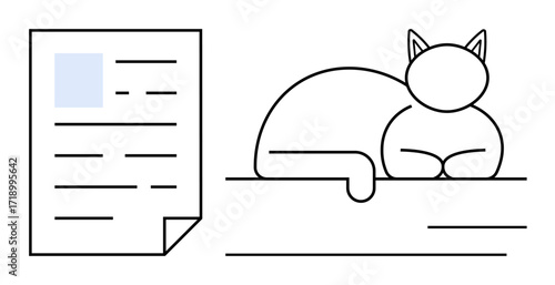 Document with text beside a resting cat on a shelf in minimal line art style. Ideal for productivity, relaxation, balance, organization, work-life harmony, minimal design, simple flat metaphor