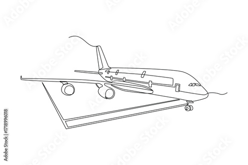 Continues line of airplane ready for takeoff at runway Single line drawing vector graphic design illustration