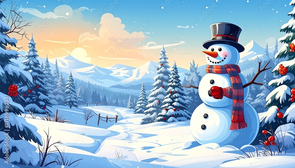 Obraz premium Joyful Snowman in a Snowy Winter Landscape Scene.