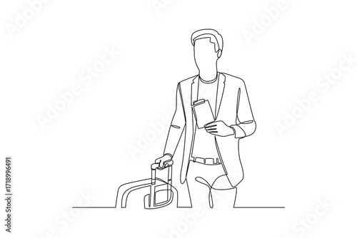 Continues line of businessman traveler with suitcase and ticket, Single line drawing vector graphic design illustration