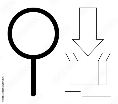 Magnifying glass beside downward arrow entering an open box represents exploration, selection, analysis, shipping, storage, organization, and downloading. Ideal for logistic and research themes