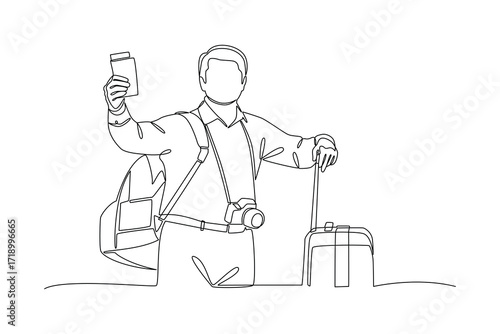 Continues line of tourist man holding passport and suitcase Single line drawing vector graphic design illustration