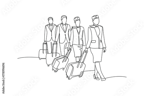 Continues line of flight attendants walking with luggage Single line drawing vector graphic design illustration