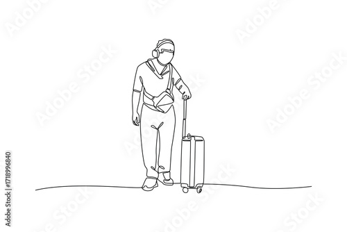 Continues line of traveler man with luggage at airport Single line drawing vector graphic design illustration