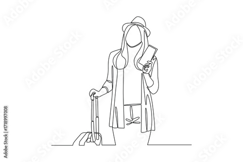 Continues line of tourist woman holding passport and luggage, Single line drawing vector graphic design illustration