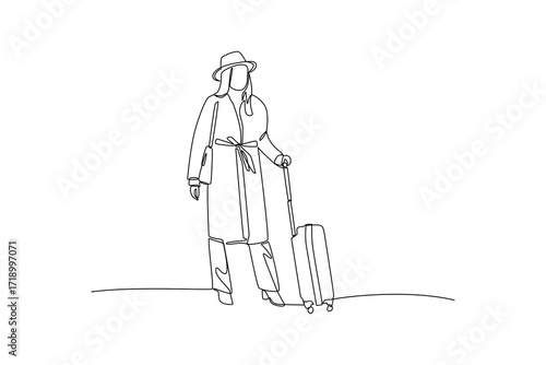 Continues line of traveler woman carrying suitcase Single line drawing vector graphic design illustration