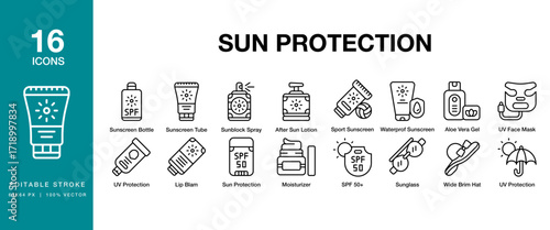 Sun Protection icon set. Includes protection, sun, sunscreen, summer, cream and More. Editable Stroke Icon Collection.