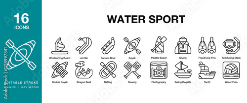 Water Sport icon set. Includes water, summer, sport, travel, activity and More. Editable Stroke Icon Collection.