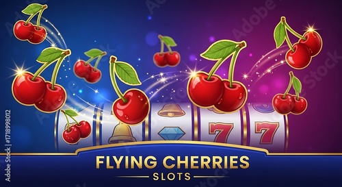 Illustrative slot machine theme, cherries as winning symbols, fun and vibrant