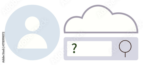 User icon beside cloud and search bar with question mark and magnifying glass. Ideal for concepts thumbs up data storage, account management, search functionality, technology, cloud computing, user