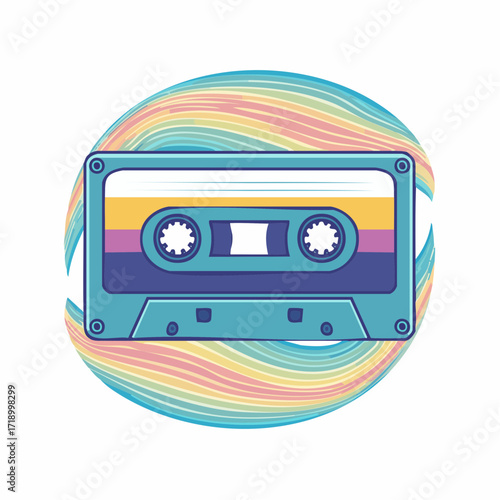 Retro cassette tape with a vibrant, swirling rainbow background, evoking 80s and 90s nostalgia.