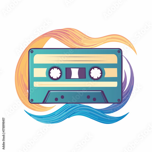 Illustration of a teal cassette tape with a colorful abstract design around it.