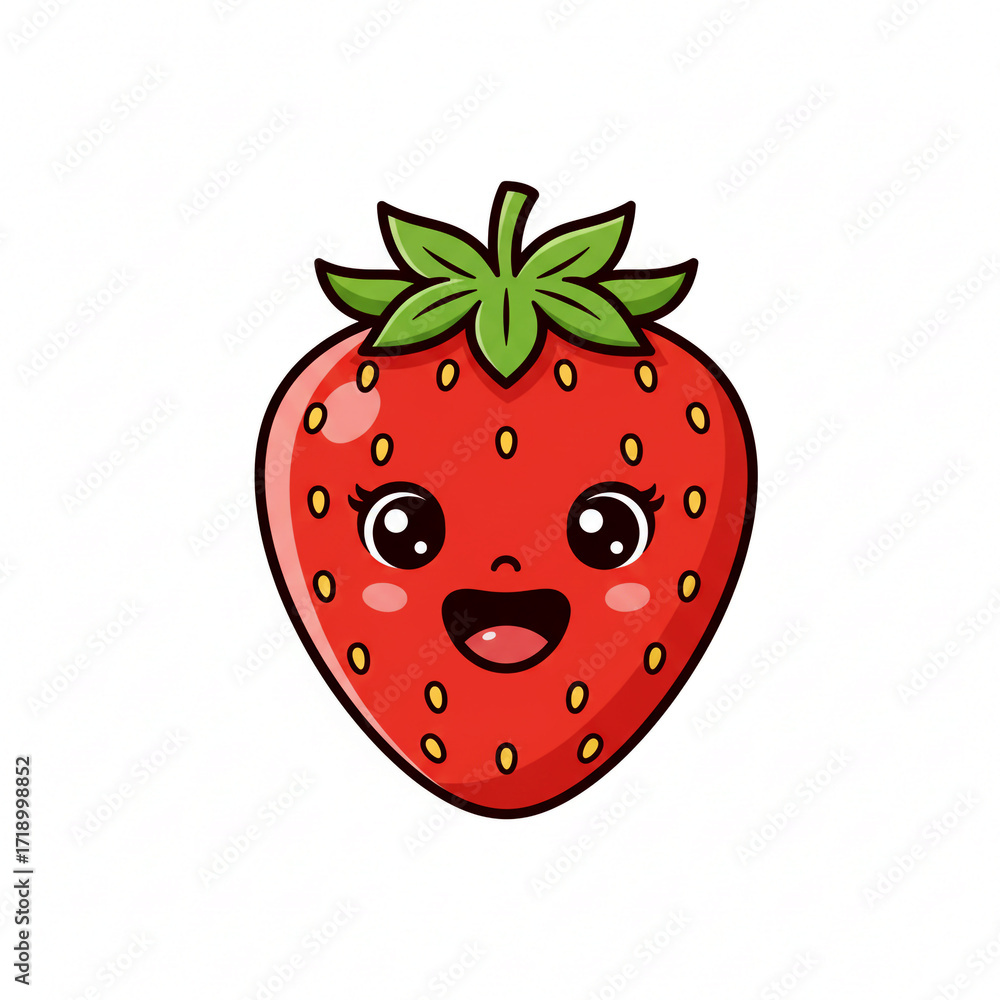Fototapeta premium Adorable kawaii strawberry character with a cheerful smile, perfect for fun children's content, food branding, and playful designs.