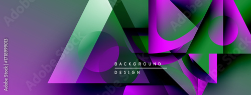 Abstract geometric shapes blend purple, green hues. Modern design features overlapping layers, gradients, dynamic composition.