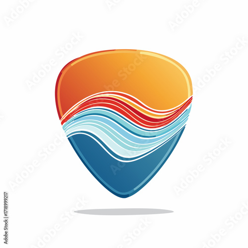 A guitar pick with a colorful abstract wave design representing the elements of nature.