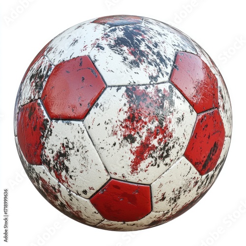 Worn soccer ball, red and white with dark grunge