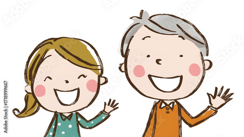 Cheerful illustration of a girl and older man waving