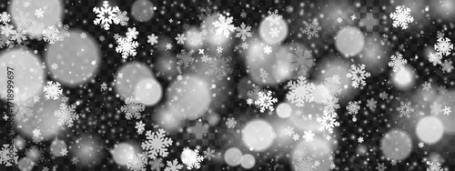Winter snow background with transparent effect, abstract white snowflakes, and glowing bokeh lights. Frosty snowfall or blizzard on a dark backdrop. Vector design for Christmas, New Year banners.