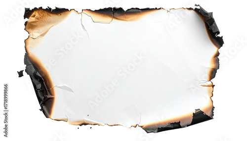 A sheet of white paper with a burnt edge.  The paper is slightly creased and the edges are charred, displaying a warm brown color