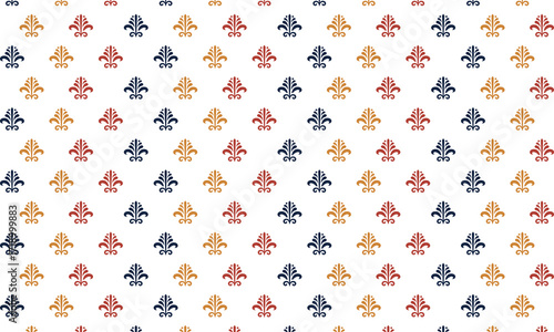 Seamless geometric fleur de lis pattern. Colorful seamless fleur de lis pattern with repeating red, blue, and orange motifs on a white background, ideal for decoration and design. Pattern design.