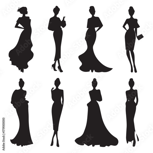 Diverse fashion model silhouettes posing gracefully isolated on white background silhouette style