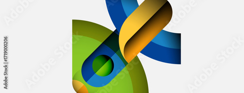 Abstract design features colorful ribbons, circles. Gradient shades create dynamic visual impact. Modern, sleek aesthetic.