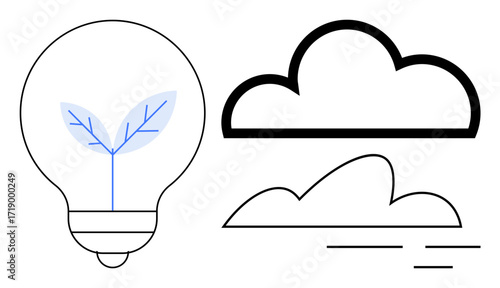 Lightbulb with sprouting plant symbolizing growth and eco-friendliness next to minimalist clouds. Ideal for sustainability, innovation, clean energy, environmental care, growth, creativity