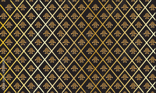 Seamless geometric fleur de lis pattern. Colorful seamless fleur de lis pattern with repeating golden motifs on a black background, ideal for decoration and design. Pattern design.