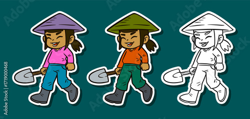 Girl gardener with a shovel and conical hat Sticker Illustration
