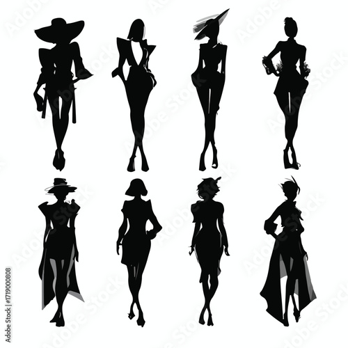 Diverse fashionista silhouettes in black and white isolated on white background silhouette