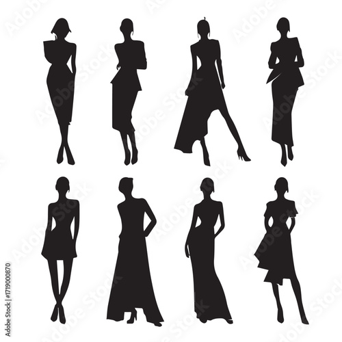 Diverse fashionista silhouettes posing in stylish outfits isolated on white background